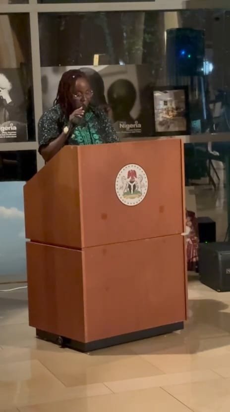 Joy-Jayne Bassey at the Embassy of Nigeria podium